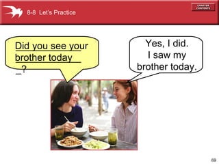 69
Did you see your
brother today
8-8 Let’s Practice
Yes, I did.
I saw my
brother today.
____________
____________
_?
 