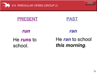 75
PRESENT PAST
run ran
He runs to
school.
He ran to school
this morning.
8-9 IRREGULAR VERBS (GROUP 2)
 
