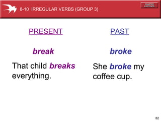 82
PRESENT PAST
break broke
That child breaks
everything.
She broke my
coffee cup.
8-10 IRREGULAR VERBS (GROUP 3)
 