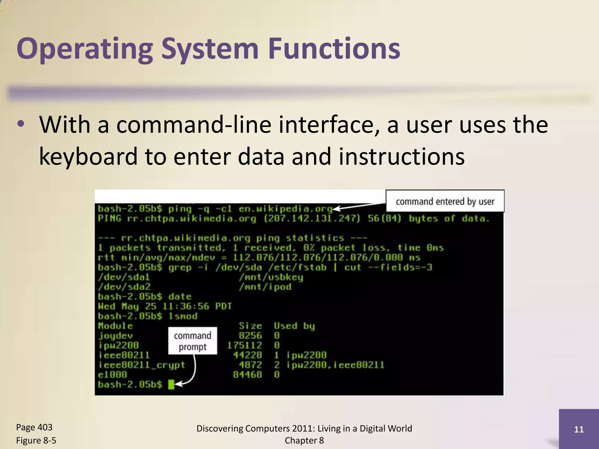 Operating System Functions
• With a command-line interface, a user uses the
keyboard to enter data and instructions
Discovering Computers 2011: Living in a Digital World
Chapter 8
11Page 403
Figure 8-5
 