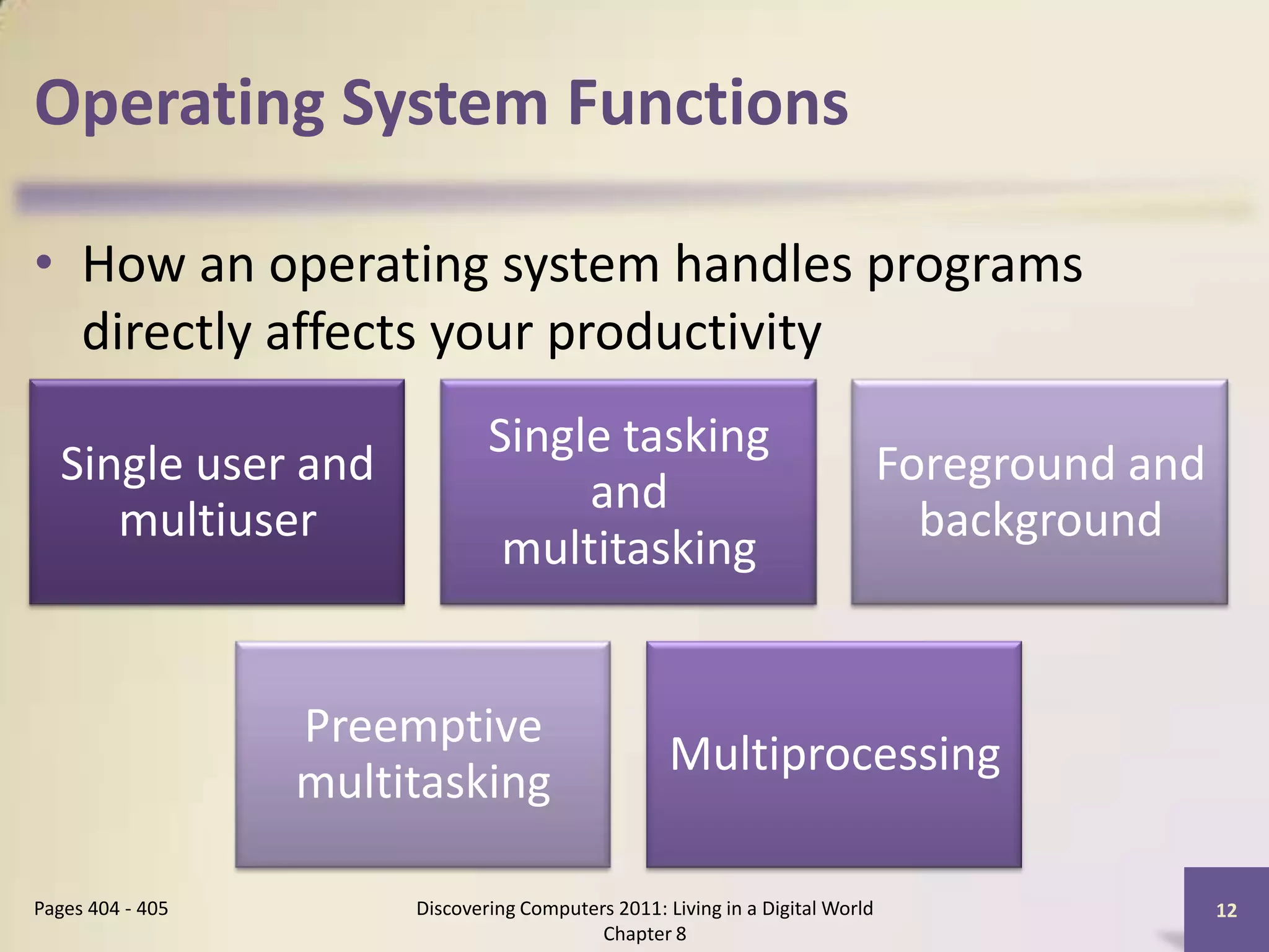 Operating System Functions
• How an operating system handles programs
directly affects your productivity
Discovering Computers 2011: Living in a Digital World
Chapter 8
12Pages 404 - 405
Single user and
multiuser
Single tasking
and
multitasking
Foreground and
background
Preemptive
multitasking
Multiprocessing
 