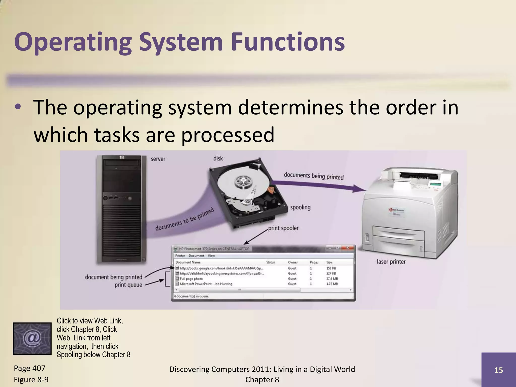 Operating System Functions
• The operating system determines the order in
which tasks are processed
Discovering Computers 2011: Living in a Digital World
Chapter 8
15Page 407
Figure 8-9
Click to view Web Link,
click Chapter 8, Click
Web Link from left
navigation, then click
Spooling below Chapter 8
 