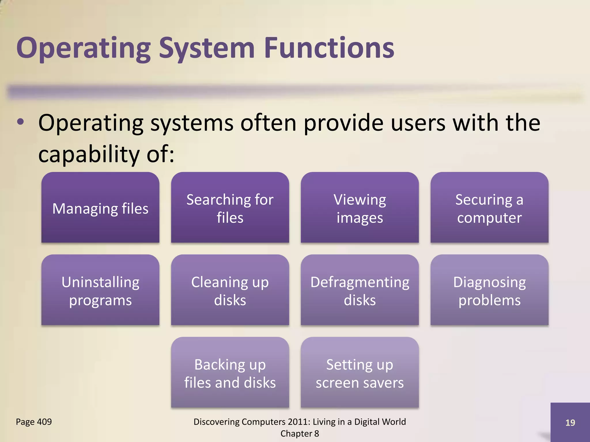 Operating System Functions
• Operating systems often provide users with the
capability of:
Discovering Computers 2011: Living in a Digital World
Chapter 8
19Page 409
Managing files
Searching for
files
Viewing
images
Securing a
computer
Uninstalling
programs
Cleaning up
disks
Defragmenting
disks
Diagnosing
problems
Backing up
files and disks
Setting up
screen savers
 