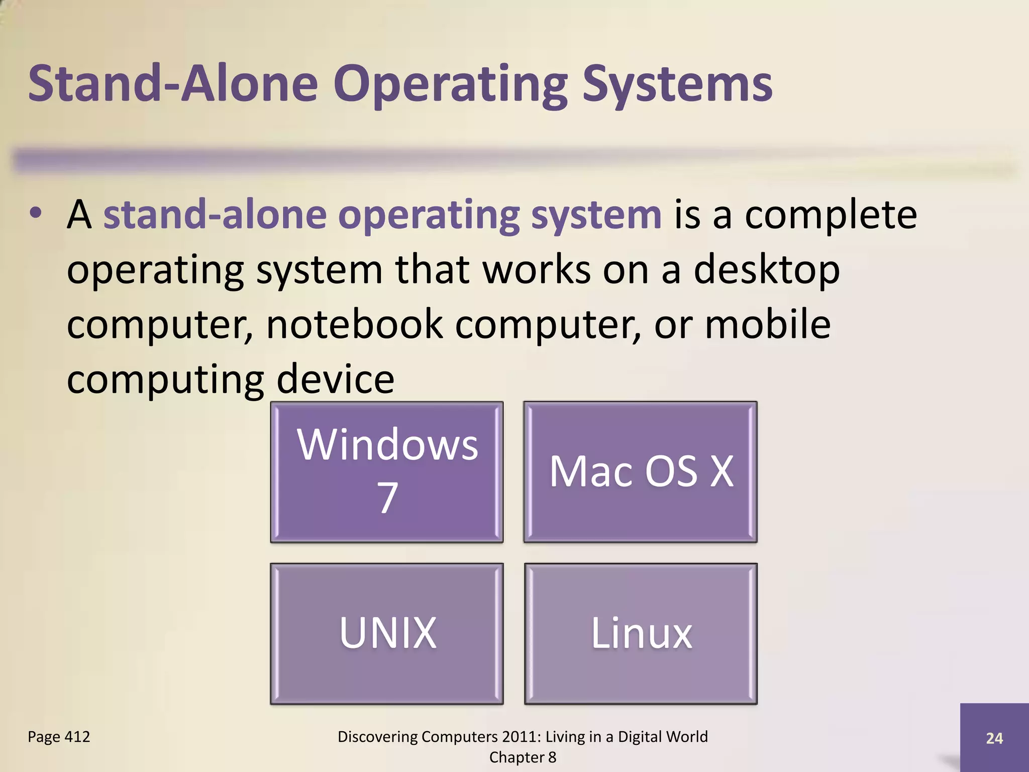 Stand-Alone Operating Systems
• A stand-alone operating system is a complete
operating system that works on a desktop
computer, notebook computer, or mobile
computing device
Discovering Computers 2011: Living in a Digital World
Chapter 8
24Page 412
Windows
7
Mac OS X
UNIX Linux
 