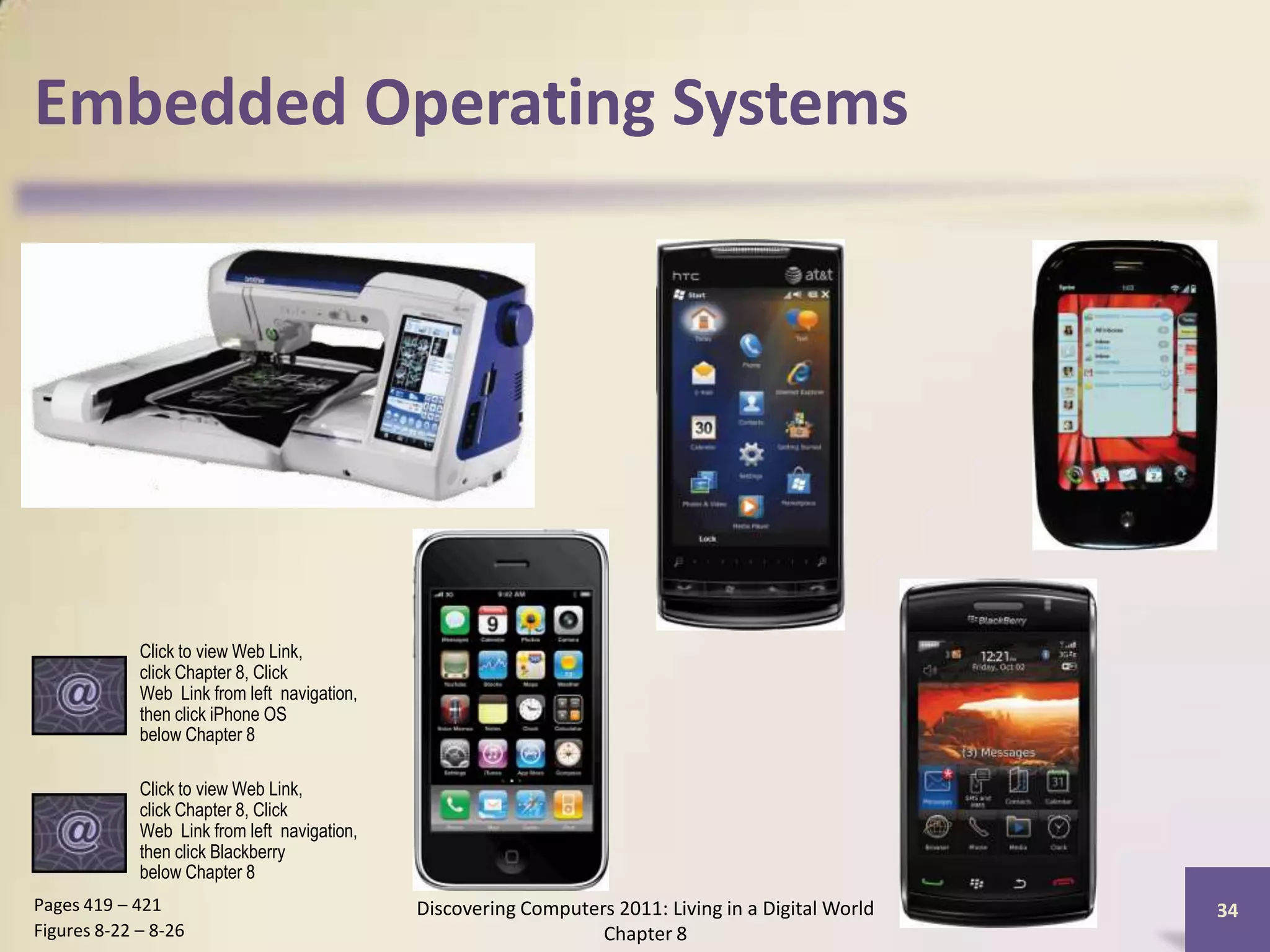 Embedded Operating Systems
Discovering Computers 2011: Living in a Digital World
Chapter 8
34Pages 419 – 421
Figures 8-22 – 8-26
Click to view Web Link,
click Chapter 8, Click
Web Link from left navigation,
then click iPhone OS
below Chapter 8
Click to view Web Link,
click Chapter 8, Click
Web Link from left navigation,
then click Blackberry
below Chapter 8
 