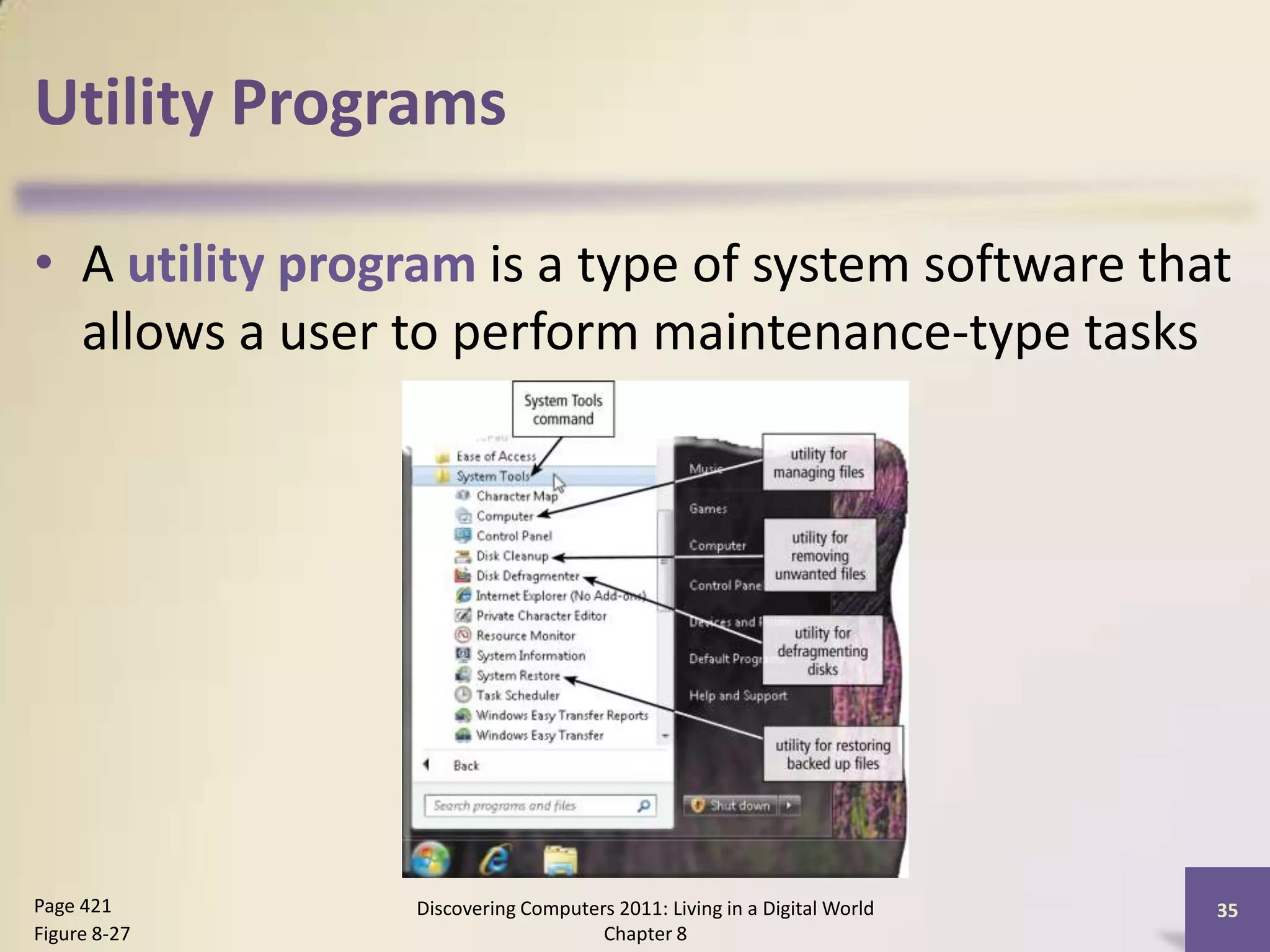 Utility Programs
• A utility program is a type of system software that
allows a user to perform maintenance-type tasks
Discovering Computers 2011: Living in a Digital World
Chapter 8
35Page 421
Figure 8-27
 