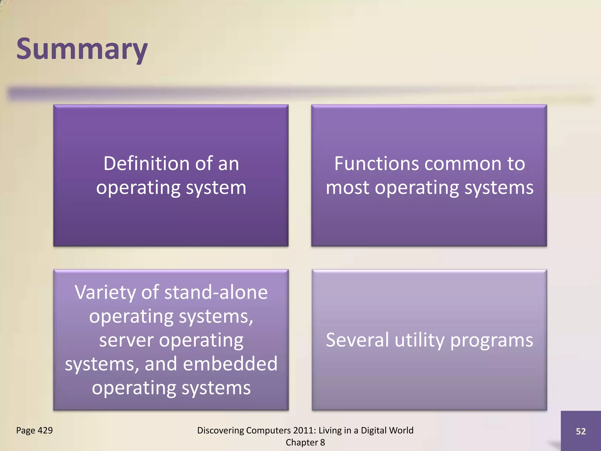 Summary
Definition of an
operating system
Functions common to
most operating systems
Variety of stand-alone
operating systems,
server operating
systems, and embedded
operating systems
Several utility programs
Discovering Computers 2011: Living in a Digital World
Chapter 8
52Page 429
 