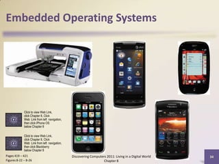 Embedded Operating Systems
Discovering Computers 2011: Living in a Digital World
Chapter 8
34Pages 419 – 421
Figures 8-22 – 8-26
Click to view Web Link,
click Chapter 8, Click
Web Link from left navigation,
then click iPhone OS
below Chapter 8
Click to view Web Link,
click Chapter 8, Click
Web Link from left navigation,
then click Blackberry
below Chapter 8
 