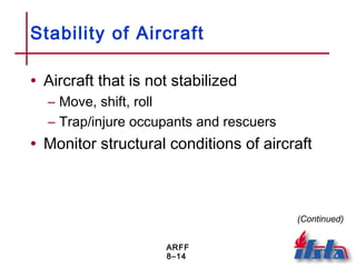 ARFF
8–14
Stability of Aircraft
• Aircraft that is not stabilized
– Move, shift, roll
– Trap/injure occupants and rescuers
• Monitor structural conditions of aircraft
(Continued)
 