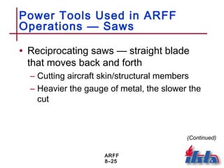ARFF
8–25
Power Tools Used in ARFF
Operations — Saws
• Reciprocating saws — straight blade
that moves back and forth
– Cutting aircraft skin/structural members
– Heavier the gauge of metal, the slower the
cut
(Continued)
 