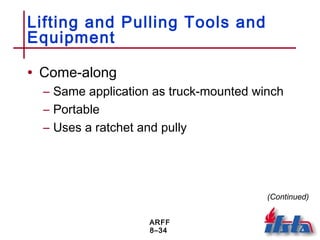 ARFF
8–34
Lifting and Pulling Tools and
Equipment
• Come-along
– Same application as truck-mounted winch
– Portable
– Uses a ratchet and pully
(Continued)
 