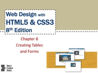 Chapter 8
Creating Tables
and Forms
Web Design with
HTML5 & CSS3
8th Edition
 