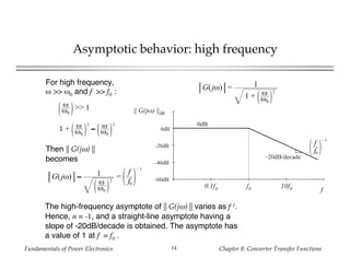 Fundamentals of Power Electronics Chapter 8: Converter Transfer Functions14
Asymptotic behavior: high frequency
G(jω) = 1
1 + ω
ω0
2
f
f0
– 1
–20dB/decade
f
f00.1f0 10f0
0dB
–20dB
–40dB
–60dB
0dB
|| G(jω) ||dB
For high frequency,
ω >> ω0 and f >> f0 :
Then || G(jω) ||
becomes
The high-frequency asymptote of || G(jω) || varies as f-1.
Hence, n = -1, and a straight-line asymptote having a
slope of -20dB/decade is obtained. The asymptote has
a value of 1 at f = f0 .
ω
ω0
>> 1
1 + ω
ω0
2
≈ ω
ω0
2
G(jω) ≈ 1
ω
ω0
2
=
f
f0
– 1
 