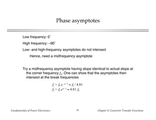 Fundamentals of Power Electronics Chapter 8: Converter Transfer Functions19
Phase asymptotes
Low frequency: 0˚
High frequency: –90˚
Low- and high-frequency asymptotes do not intersect
Hence, need a midfrequency asymptote
Try a midfrequency asymptote having slope identical to actual slope at
the corner frequency f0. One can show that the asymptotes then
intersect at the break frequencies
fa = f0 e– π / 2
≈ f0 / 4.81
fb = f0 eπ / 2
≈ 4.81 f0
 