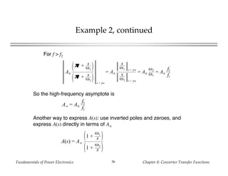 Fundamentals of Power Electronics Chapter 8: Converter Transfer Functions36
Example 2, continued
For f > f2
A0
1➚ + s
ω1
1➚ + s
ω2
s = jω
= A0
s
ω1 s = jω
s
ω2 s = jω
= A0
ω2
ω1
= A0
f2
f1
So the high-frequency asymptote is
A∞ = A0
f2
f1
Another way to express A(s): use inverted poles and zeroes, and
express A(s) directly in terms of A∞
A(s) = A∞
1 +
ω1
s
1 +
ω2
s
 