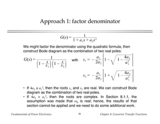 Fundamentals of Power Electronics Chapter 8: Converter Transfer Functions38
Approach 1: factor denominator
G(s) = 1
1 + a1s + a2s2
We might factor the denominator using the quadratic formula, then
construct Bode diagram as the combination of two real poles:
G(s) = 1
1 – s
s1
1 – s
s2
with s1 = –
a1
2a2
1 – 1 –
4a2
a1
2
s2 = –
a1
2a2
1 + 1 –
4a2
a1
2
• If 4a2 ≤ a1
2, then the roots s1 and s2 are real. We can construct Bode
diagram as the combination of two real poles.
• If 4a2 > a1
2, then the roots are complex. In Section 8.1.1, the
assumption was made that ω0 is real; hence, the results of that
section cannot be applied and we need to do some additional work.
 