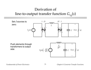 Fundamentals of Power Electronics Chapter 8: Converter Transfer Functions73
Derivation of
line-to-output transfer function Gvg(s)
+
–
L
RC
1 : D D' : 1
vg(s)
+
v(s)
–
Set d sources to
zero:
+
– RC
+
v(s)
–
L
D'2
vg(s) – D
D'
Push elements through
transformers to output
side:
 