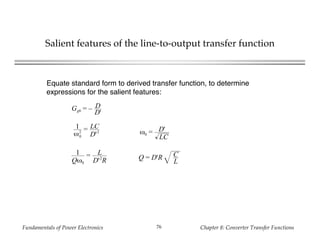 Fundamentals of Power Electronics Chapter 8: Converter Transfer Functions76
Salient features of the line-to-output transfer function
Gg0 = – D
D'
Equate standard form to derived transfer function, to determine
expressions for the salient features:
1
ω0
2 = LC
D'2 ω0 = D'
LC
1
Qω0
= L
D'2
R Q = D'R C
L
 