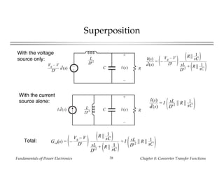 Fundamentals of Power Electronics Chapter 8: Converter Transfer Functions78
Superposition
+
–
RC
+
v(s)
–
L
D'2
Vg – V
D'
d(s)
RCI d(s)
+
v(s)
–
L
D'2
v(s)
d(s)
= –
Vg – V
D'
R || 1
sC
sL
D'2 + R || 1
sC
With the voltage
source only:
With the current
source alone: v(s)
d(s)
= I sL
D'2 || R || 1
sC
Total: Gvd(s) = –
Vg – V
D'
R || 1
sC
sL
D'2 + R || 1
sC
+ I sL
D'2 || R || 1
sC
 
