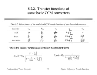 Fundamentals of Power Electronics Chapter 8: Converter Transfer Functions84
8.2.2. Transfer functions of
some basic CCM converters
Table 8.2. Salient features of the small-signal CCM transfer functions of some basic dc-dc converters
Converter Gg0 Gd0 ω0 Q ωz
buck D
V
D
1
LC
R C
L ∞
boost
1
D'
V
D'
D'
LC
D'R C
L
D'2
R
L
buck-boost – D
D'
V
D D'
2
D'
LC
D'R C
L
D'2
R
D L
where the transfer functions are written in the standard forms
Gvd(s) = Gd0
1 – s
ωz
1 + s
Qω0
+ s
ω0
2
Gvg(s) = Gg0
1
1 + s
Qω0
+ s
ω0
2
 