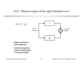 Fundamentals of Power Electronics Chapter 8: Converter Transfer Functions85
8.2.3. Physical origins of the right half-plane zero
G(s) = 1 – s
ω0
• phase reversal at
high frequency
• transient response:
output initially tends
in wrong direction
+
–
1
s
ωz
uout(s)uin(s)
 