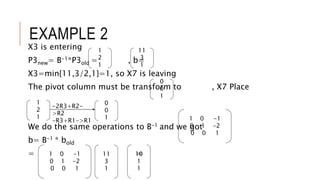 EXAMPLE 2
X3 is entering
P3new= B-1*P3old = , b=
X3=min{11,3/2,1}=1, so X7 is leaving
The pivot column must be transform to , X7 Place
We do the same operations to B-1 and we got
b= B-1 * bold
= =
1
2
1
11
3
1
0
0
1
1
2
1
-2R3+R2-
>R2
-R3+R1->R1
0
0
1 1 0 -1
0 1 -2
0 0 1
1 0 -1
0 1 -2
0 0 1
11
3
1
10
1
1
 