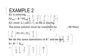 EXAMPLE 2
X2 is entering
P2new= B-1*P2old = =
X2=min{-5,1,Inf.}=1, so X6 is leaving
The pivot column must be transform to , X6 Place
We do the same operations to B-1 and we got
b= B-1 * bold
= =
-2
1
0
0
1
0
-2
1
0
2R1+R1->R1
0
1
0 1 2 -5
0 1 -2
0 0 1
1 2 -5
0 1 -2
0 0 1
11
3
1
12
1
1
1 0 -1
0 1 -2
0 0 1
-2
1
0
 