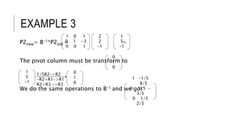 EXAMPLE 3
P2new= B-1*P2old = =
The pivot column must be transform to
We do the same operations to B-1 and we got
2
2
-1
0
1
0
1
5
-1
1/5R2->R2
-R2+R1->R1
R2+R3 ->R3
0
1
0
1 0 1
0 1 -3
0 0 1
1
5
-1
1 -1/5
8/5
0 1/5 -
3/5
0 1/5
2/5
 