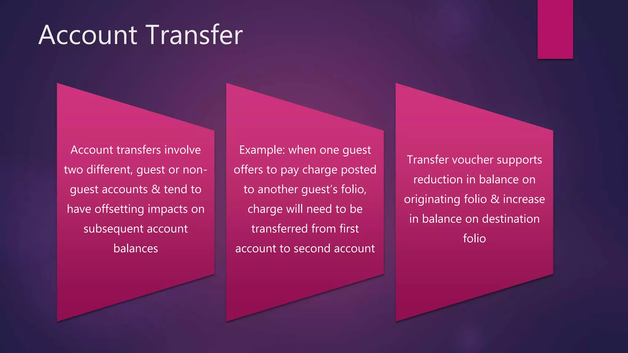 Account Transfer
Account transfers involve
two different, guest or non-
guest accounts & tend to
have offsetting impacts on
subsequent account
balances
Example: when one guest
offers to pay charge posted
to another guest’s folio,
charge will need to be
transferred from first
account to second account
Transfer voucher supports
reduction in balance on
originating folio & increase
in balance on destination
folio
 