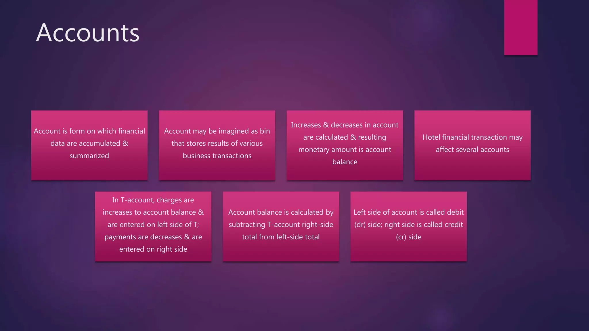 Accounts
Account is form on which financial
data are accumulated &
summarized
Account may be imagined as bin
that stores results of various
business transactions
Increases & decreases in account
are calculated & resulting
monetary amount is account
balance
Hotel financial transaction may
affect several accounts
In T-account, charges are
increases to account balance &
are entered on left side of T;
payments are decreases & are
entered on right side
Account balance is calculated by
subtracting T-account right-side
total from left-side total
Left side of account is called debit
(dr) side; right side is called credit
(cr) side
 