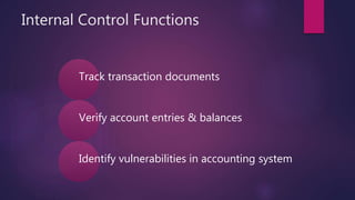Internal Control Functions
Track transaction documents
Verify account entries & balances
Identify vulnerabilities in accounting system
 