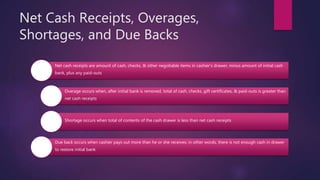 Net Cash Receipts, Overages,
Shortages, and Due Backs
Net cash receipts are amount of cash, checks, & other negotiable items in cashier’s drawer, minus amount of initial cash
bank, plus any paid-outs
Overage occurs when, after initial bank is removed, total of cash, checks, gift certificates, & paid-outs is greater than
net cash receipts
Shortage occurs when total of contents of the cash drawer is less than net cash receipts
Due back occurs when cashier pays out more than he or she receives; in other words, there is not enough cash in drawer
to restore initial bank
 
