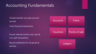 Accounting Fundamentals
Create/maintain accurate account
records
Track financial transactions
Ensure internal control over cash &
non cash transactions
Record settlement for all goods &
services
Accounts Folios
Vouchers Points of sale
Ledgers
 