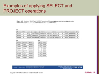 Copyright © 2016 Ramez Elmasri and Shamkant B. Navathe Slide 8- 16
Examples of applying SELECT and
PROJECT operations
 