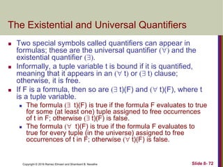 Copyright © 2016 Ramez Elmasri and Shamkant B. Navathe Slide 8- 72
The Existential and Universal Quantifiers
 Two special symbols called quantifiers can appear in
formulas; these are the universal quantifier () and the
existential quantifier ().
 Informally, a tuple variable t is bound if it is quantified,
meaning that it appears in an ( t) or ( t) clause;
otherwise, it is free.
 If F is a formula, then so are ( t)(F) and ( t)(F), where t
is a tuple variable.
 The formula ( t)(F) is true if the formula F evaluates to true
for some (at least one) tuple assigned to free occurrences
of t in F; otherwise ( t)(F) is false.
 The formula ( t)(F) is true if the formula F evaluates to
true for every tuple (in the universe) assigned to free
occurrences of t in F; otherwise ( t)(F) is false.
 