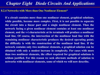 Chapter Eight Diode Circuits And Applications
Chair Professor Rui-Xiang Yin (South China University of
8.2.4 Networks with More than One Nonlinear Element*
If a circuit contains more than one nonlinear element, graphical solutions,
while possible, become more complex. First, it is not possible to separate
the circuit into a linear part and a single nonlinear element. Thus the
network facing a given nonlinear element contains at least one nonlinear
element, and the v-i characteristic at its terminals will produce a nonlinear
load line. Of course, the intersection of the nonlinear load line with the
remaining nonlinear characteristic produces the desired operating point;
the difficulty is with the construction of the nonlinear load line. If the
network contains only two nonlinear elements, a graphical solution can be
obtained with only a modest increase in complexity. For cases with more
than two nonlinear elements, the effort required for graphical solutions is
seldom justified. For this reason we seek alternate methods of solution to
networks with nonlinear elements, some of which we will now describe.
 