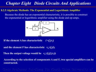 Chapter Eight Diode Circuits And Applications
Chair Professor Rui-Xiang Yin (South China University of
8.2.5 Algebraic Methods: The Exponential and Logarithmic Amplifier
Because the diode has an exponential characteristic, it is possible to construct
the exponential or logarithmic amplifier using the diode and op-amps.
If the element A has characteristic i =f1(vi)
Then the output voltage would be vo=f2(f1(vi))
According to the selection of components A and F, two special amplifiers can be
constructed.
and the element F has characteristic vo=f2(i).
 