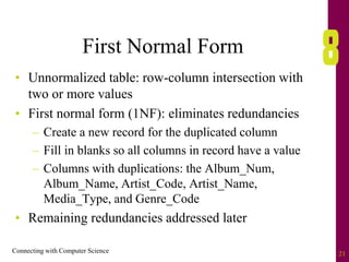 Connecting with Computer Science 21
First Normal Form
• Unnormalized table: row-column intersection with
two or more values
• First normal form (1NF): eliminates redundancies
– Create a new record for the duplicated column
– Fill in blanks so all columns in record have a value
– Columns with duplications: the Album_Num,
Album_Name, Artist_Code, Artist_Name,
Media_Type, and Genre_Code
• Remaining redundancies addressed later
 