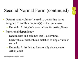 Connecting with Computer Science 23
Second Normal Form (continued)
• Determinant: column(s) used to determine value
assigned to another column(s) in the same row
– Example: Artist_Code determinant for Artist_Name
• Functional dependency
– Determinant and columns that it determines
– Each value of first column matched to single value in
second
– Example: Artist_Name functionally dependent on
Artist_Code
 