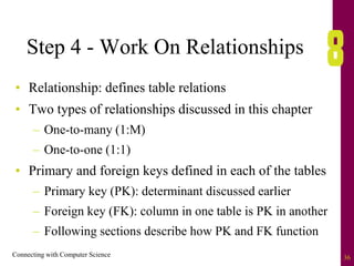 Connecting with Computer Science 36
Step 4 - Work On Relationships
• Relationship: defines table relations
• Two types of relationships discussed in this chapter
– One-to-many (1:M)
– One-to-one (1:1)
• Primary and foreign keys defined in each of the tables
– Primary key (PK): determinant discussed earlier
– Foreign key (FK): column in one table is PK in another
– Following sections describe how PK and FK function
 