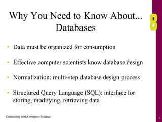 Connecting with Computer Science 4
Why You Need to Know About...
Databases
• Data must be organized for consumption
• Effective computer scientists know database design
• Normalization: multi-step database design process
• Structured Query Language (SQL): interface for
storing, modifying, retrieving data
 