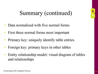 Connecting with Computer Science 64
Summary (continued)
• Data normalized with five normal forms
• First three normal forms most important
• Primary key: uniquely identify table entries
• Foreign key: primary keys in other tables
• Entity relationship model: visual diagram of tables
and relationships
 