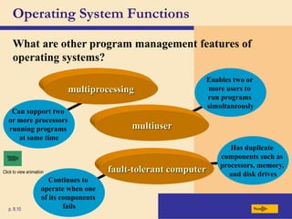 Has duplicate
components such as
processors, memory,
and disk drives
Enables two or
more users to
run programs
simultaneously
Continues to
operate when one
of its components
fails
Operating System Functions
What are other program management features of
operating systems?
Next
p. 8.10
Can support two
or more processors
running programs
at same time
fault-tolerant computer
multiuser
multiprocessing
Click to view animation
 