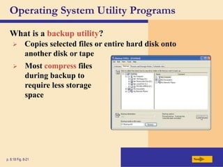 Operating System Utility Programs
What is a backup utility?
Next
p. 8.18 Fig. 8-21
 Copies selected files or entire hard disk onto
another disk or tape
 Most compress files
during backup to
require less storage
space
 