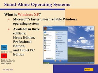  Microsoft’s fastest, most reliable Windows
operating system
Stand-Alone Operating Systems
What is Windows XP?
Next
p. 8.20 Fig. 8-25
 Available in three
editions:
Home Edition,
Professional
Edition,
and Tablet PC
Edition
Click to view video
Click to view Web Link,
then click Windows XP
below Chapter 8
 