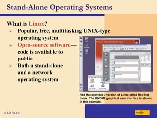 Stand-Alone Operating Systems
What is Linux?
Next
p. 8.24 Fig. 8-31
Red Hat provides a version of Linux called Red Hat
Linux. The GNOME graphical user interface is shown
in this example.
 Popular, free, multitasking UNIX-type
operating system
 Open-source softwaree—
code is available to
public
 Both a stand-alone
and a network
operating system
 