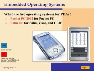 Embedded Operating Systems
What are two operating systems for PDAs?
Next
p. 8.27 Figs. 8-33–8-34
Click to view video
 Pocket PC 2002 for Pocket PC
 Palm OS for Palm, Visor, and CLIE
Click to view Web Link,
then click Pocket PC 2002 and
Palm OS below Chapter 8
 