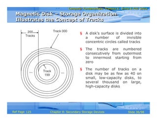 Computer Fundamentals: Pradeep K. Sinha & Priti SinhaComputer Fundamentals: Pradeep K. Sinha & Priti Sinha
Slide 36/98Chapter 8: Secondary Storage DevicesRef Page
Track
199
200
Tracks
Track 000
… …
§ A disk’s surface is divided into
a number of invisible
concentric circles called tracks
§ The tracks are numbered
consecutively from outermost
to innermost starting from
zero
§ The number of tracks on a
disk may be as few as 40 on
small, low-capacity disks, to
several thousand on large,
high-capacity disks
Magnetic Disk – Storage Organization
Illustrates the Concept of Tracks
Magnetic Disk – Storage Organization
Illustrates the Concept of Tracks
125
 