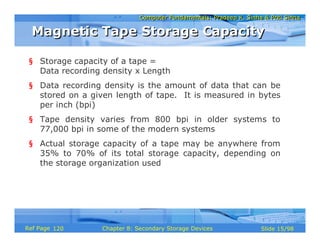 Computer Fundamentals: Pradeep K. Sinha & Priti SinhaComputer Fundamentals: Pradeep K. Sinha & Priti Sinha
Slide 15/98Chapter 8: Secondary Storage DevicesRef Page
§ Storage capacity of a tape =
Data recording density x Length
§ Data recording density is the amount of data that can be
stored on a given length of tape. It is measured in bytes
per inch (bpi)
§ Tape density varies from 800 bpi in older systems to
77,000 bpi in some of the modern systems
§ Actual storage capacity of a tape may be anywhere from
35% to 70% of its total storage capacity, depending on
the storage organization used
Magnetic Tape Storage CapacityMagnetic Tape Storage Capacity
120
 