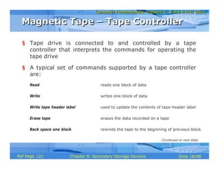 Computer Fundamentals: Pradeep K. Sinha & Priti SinhaComputer Fundamentals: Pradeep K. Sinha & Priti Sinha
Slide 18/98Chapter 8: Secondary Storage DevicesRef Page
§ Tape drive is connected to and controlled by a tape
controller that interprets the commands for operating the
tape drive
§ A typical set of commands supported by a tape controller
are:
Read reads one block of data
Write writes one block of data
Write tape header label used to update the contents of tape header label
Erase tape erases the data recorded on a tape
Back space one block rewinds the tape to the beginning of previous block
Magnetic Tape – Tape ControllerMagnetic Tape – Tape Controller
(Continued on next slide)
121
 
